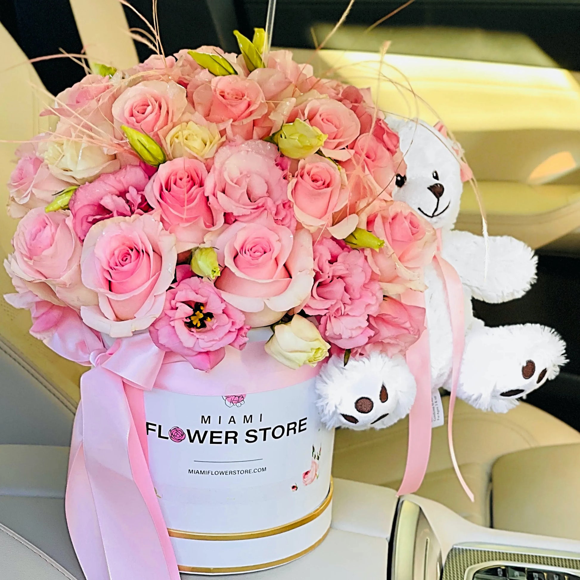 Baby Girl Pink Rose Flower Bouquet In A Box With Stuffed Teddy Bear - Miami Flower Store Delivery Fort Lauderdale