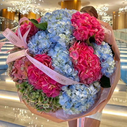 Bright Pink, Blue & Green Hydrangea Mix Flower Bouquet - Miami Flower Store Delivery Fort Lauderdale