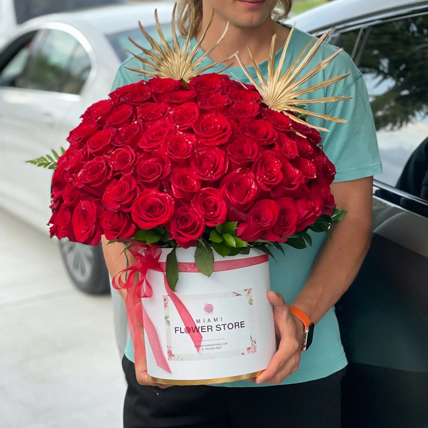 75 Red Rose Flower Bouquet With Orchid In A Box - Miami Flower Store Delivery Fort Lauderdale