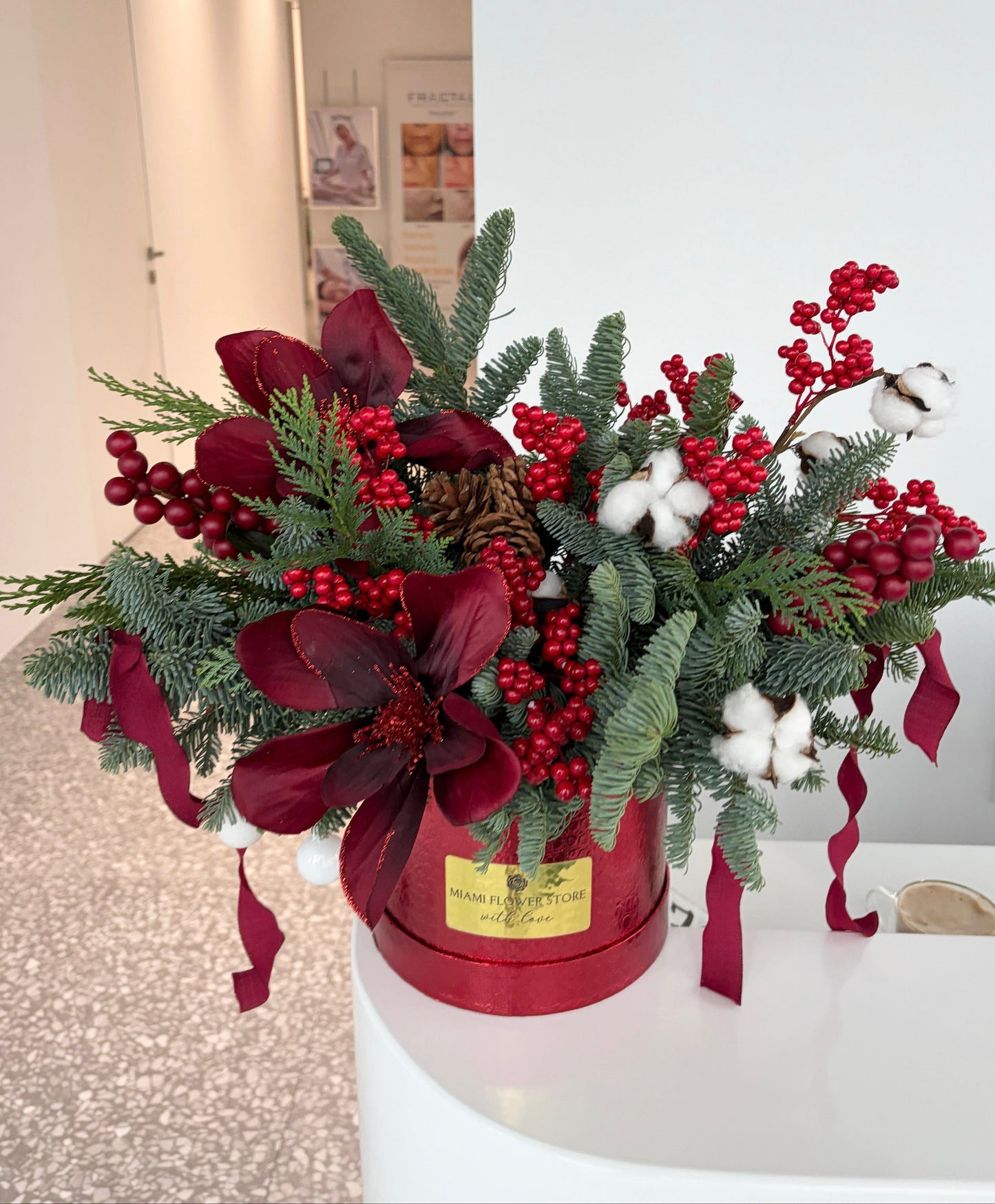Christmas Flower Arrangement In Red Box - Miami Flower Store Same-Day Delivery Fort Lauderdale Brickell Aventura Las Olas Hallendale Beach Hollywood Sunny Isles
