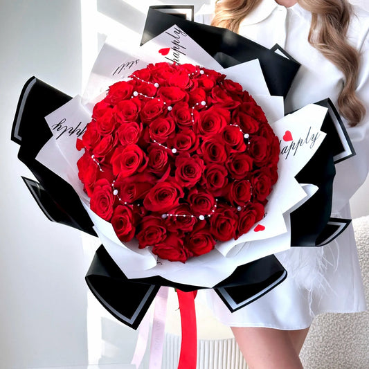 50 Classic Red Rose Flower Bouquet With Pearl Beads - Miami Flower Store Same-Day Delivery Fort Lauderdale Brickell Aventura Las Olas Hallendale Beach Hollywood Sunny Isles