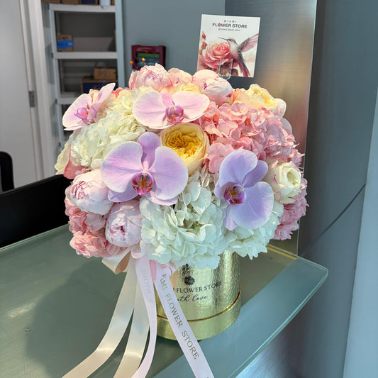 Purple Orchids With Hydrangea, Roses, Peonies Flower Bouquet In A Box| Birthday Flowers - Miami Flower Store Same-Day Delivery Fort Lauderdale Brickell Aventura Las Olas Hallendale Beach Hollywood Sunny Isles