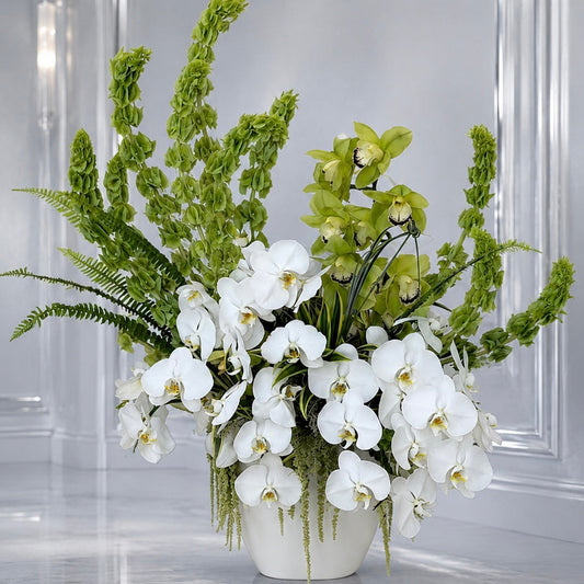 White & Green Arrangement With Phalaenopsis Orchids In A Ceramic Vase - Miami Flower Store Same-Day Delivery Fort Lauderdale Brickell Aventura Las Olas Hallendale Beach Hollywood Sunny Isles