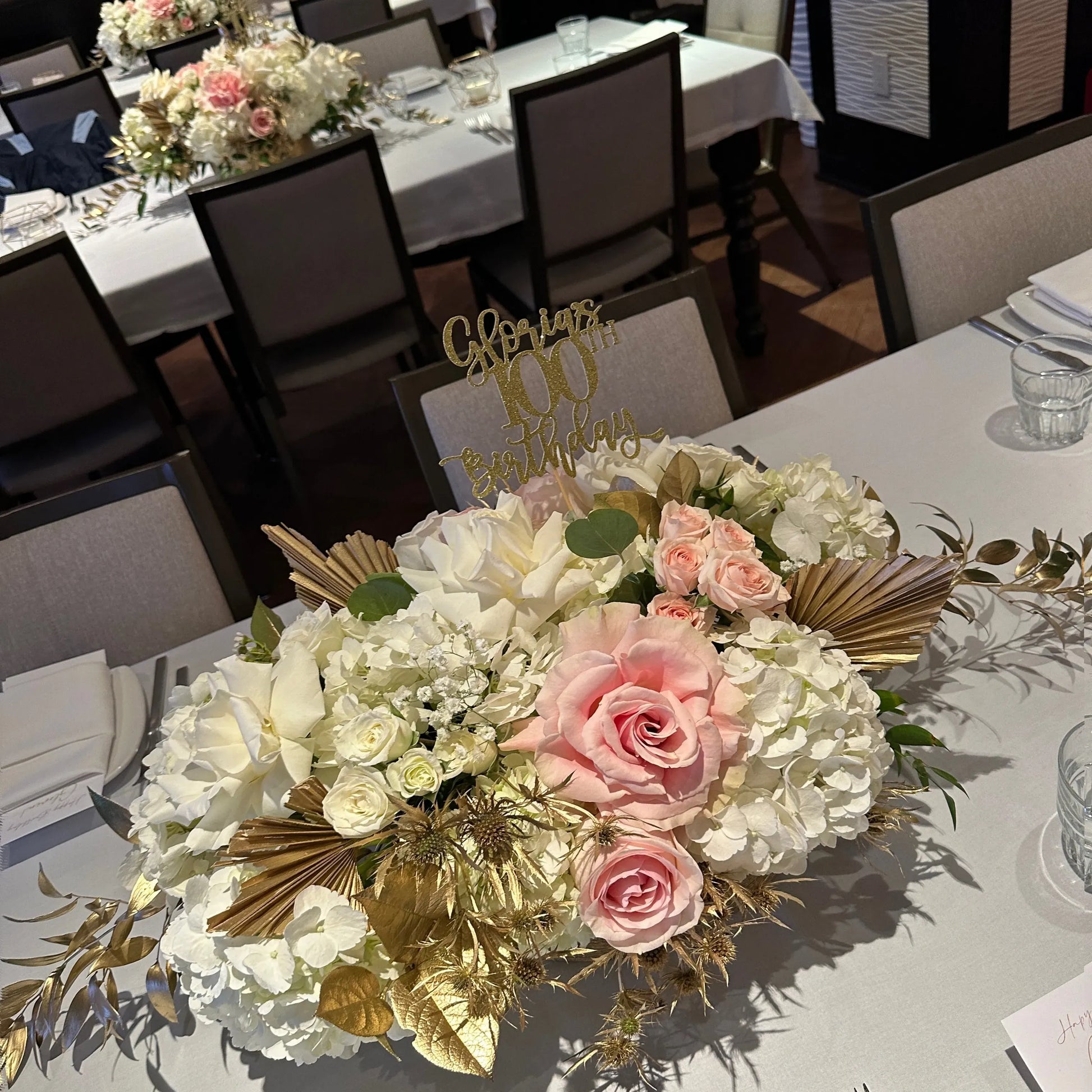 Table Centerpiece - White, Pink & Gold Roses & Hydrangea Flower Arrangement - Miami Flower Store Delivery Fort Lauderdale