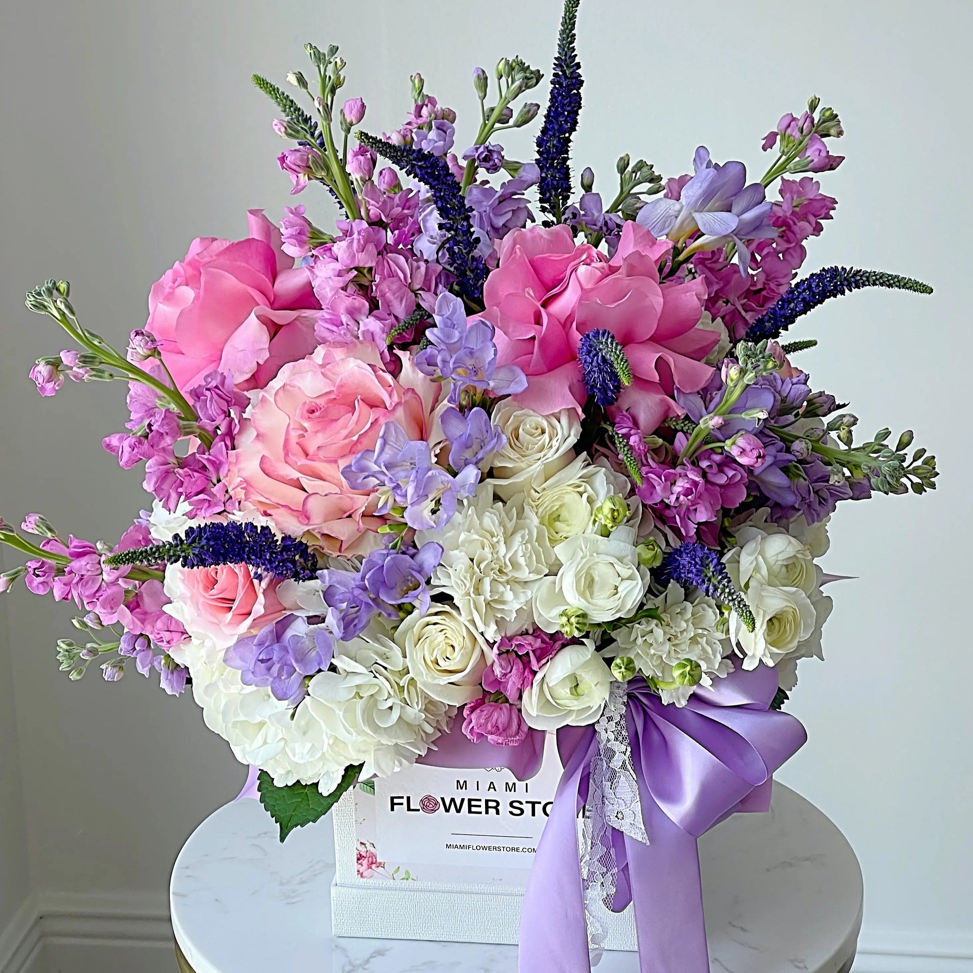 Purple & Pink Rose Flower Bouquet In A Box - Miami Flower Store Delivery Fort Lauderdale