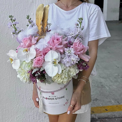 Purple Roses, Orchid, & White Hydrangea Flower Bouquet In A Box - Miami Flower Store Delivery Fort Lauderdale