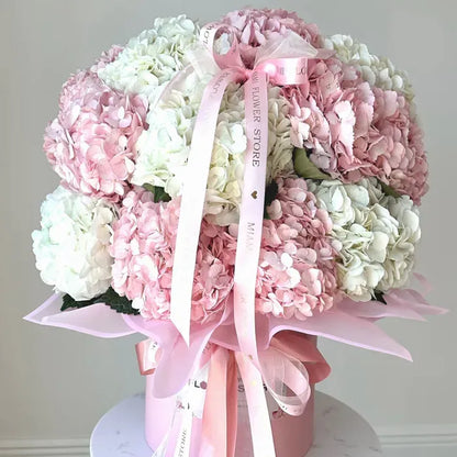 Pink & White Hydrangea Flower Bouquet In A Box - Miami Flower Store Delivery Fort Lauderdale