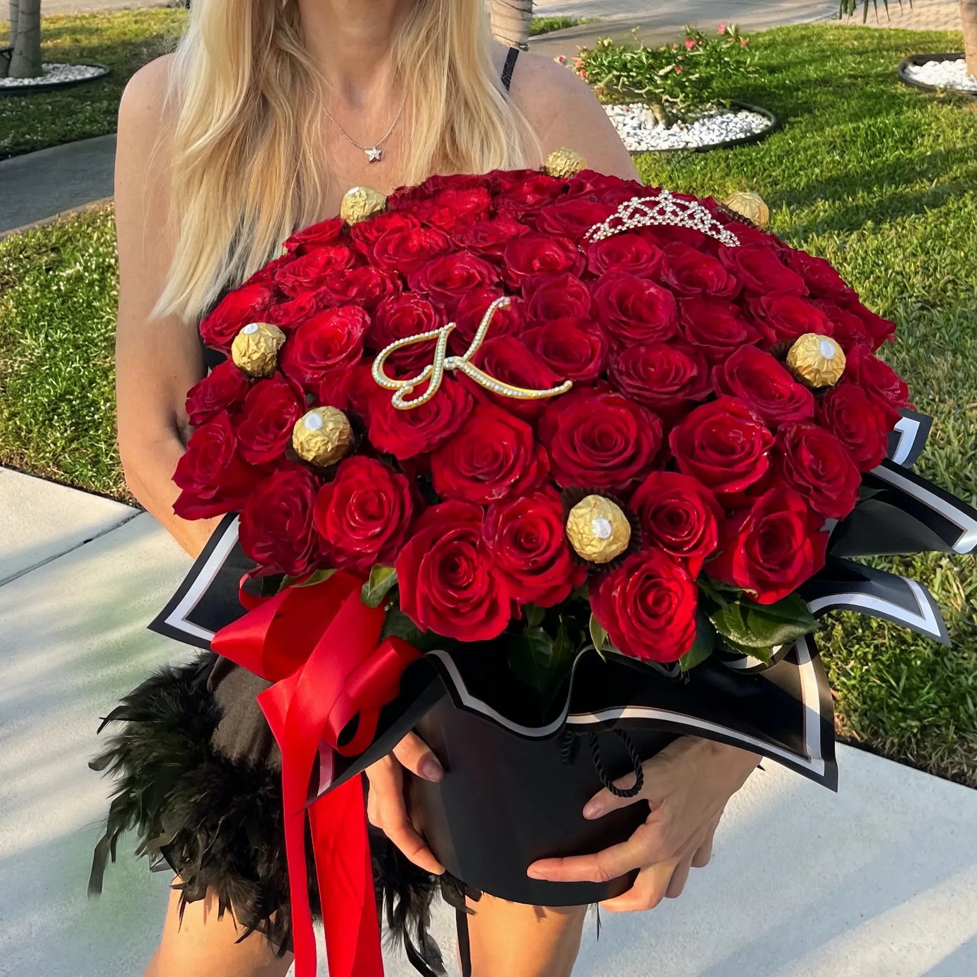 75 Luxury Red Rose Flower Bouquet In A Box w/ Crown & Ferrero Rocher Candies - Miami Flower Store Delivery Fort Lauderdale