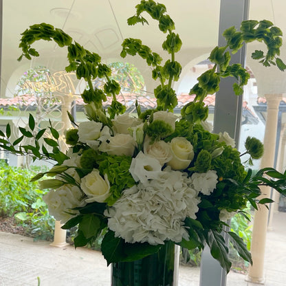 White Rose Flower Bouquet In A Vase With Ranunculus, Lisianthus, Hydrangea & Greens - Miami Flower Store Delivery Fort Lauderdale