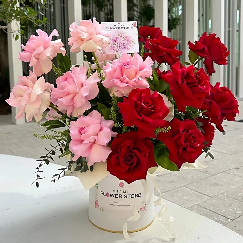 Pink & Red French Roses Flower Bouquet In A Box & Stuffed Teddy Bear - Miami Flower Store Delivery Fort Lauderdale