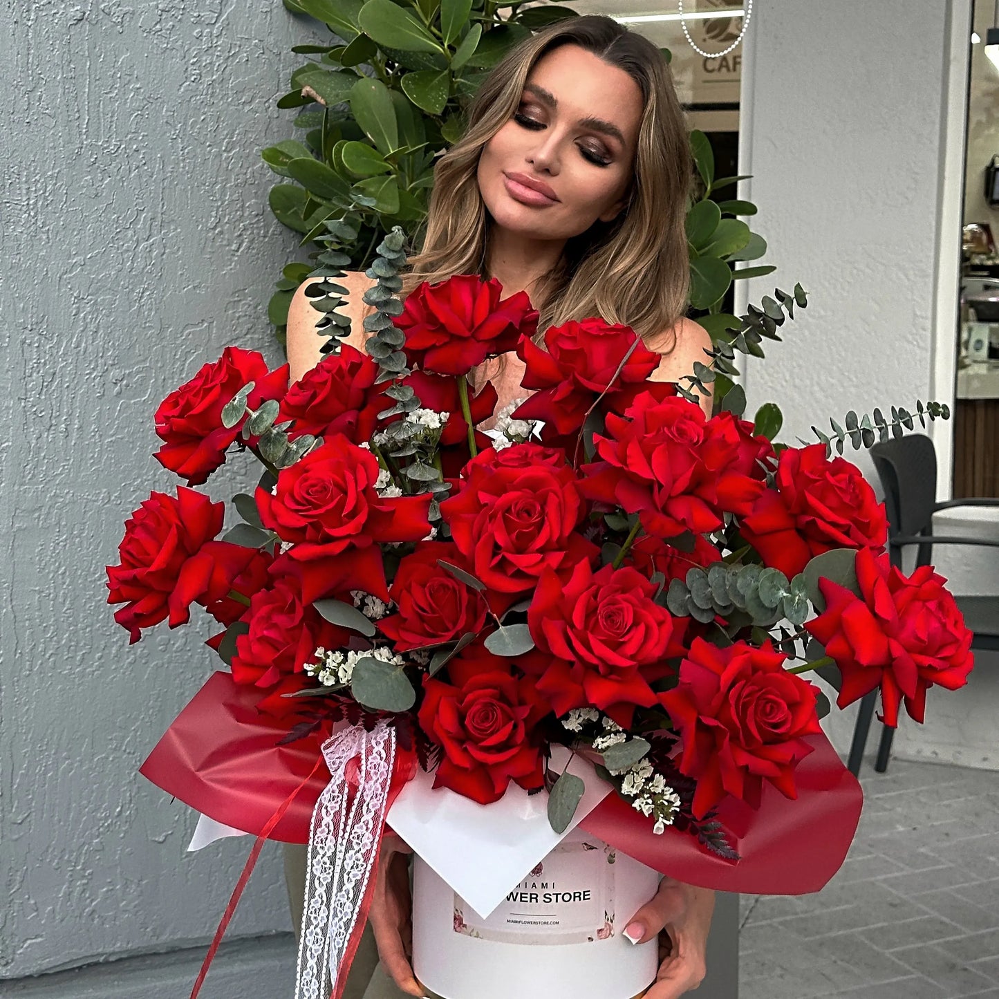 Red Roses & Eucalyptus Flower Bouquet In A Box - Miami Flower Store Delivery Fort Lauderdale