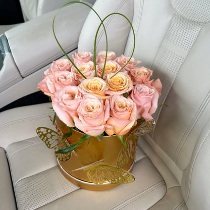 Peach Roses With Golden Butterflies Flower Bouquet In A Box - Miami Flower Store Delivery Fort Lauderdale