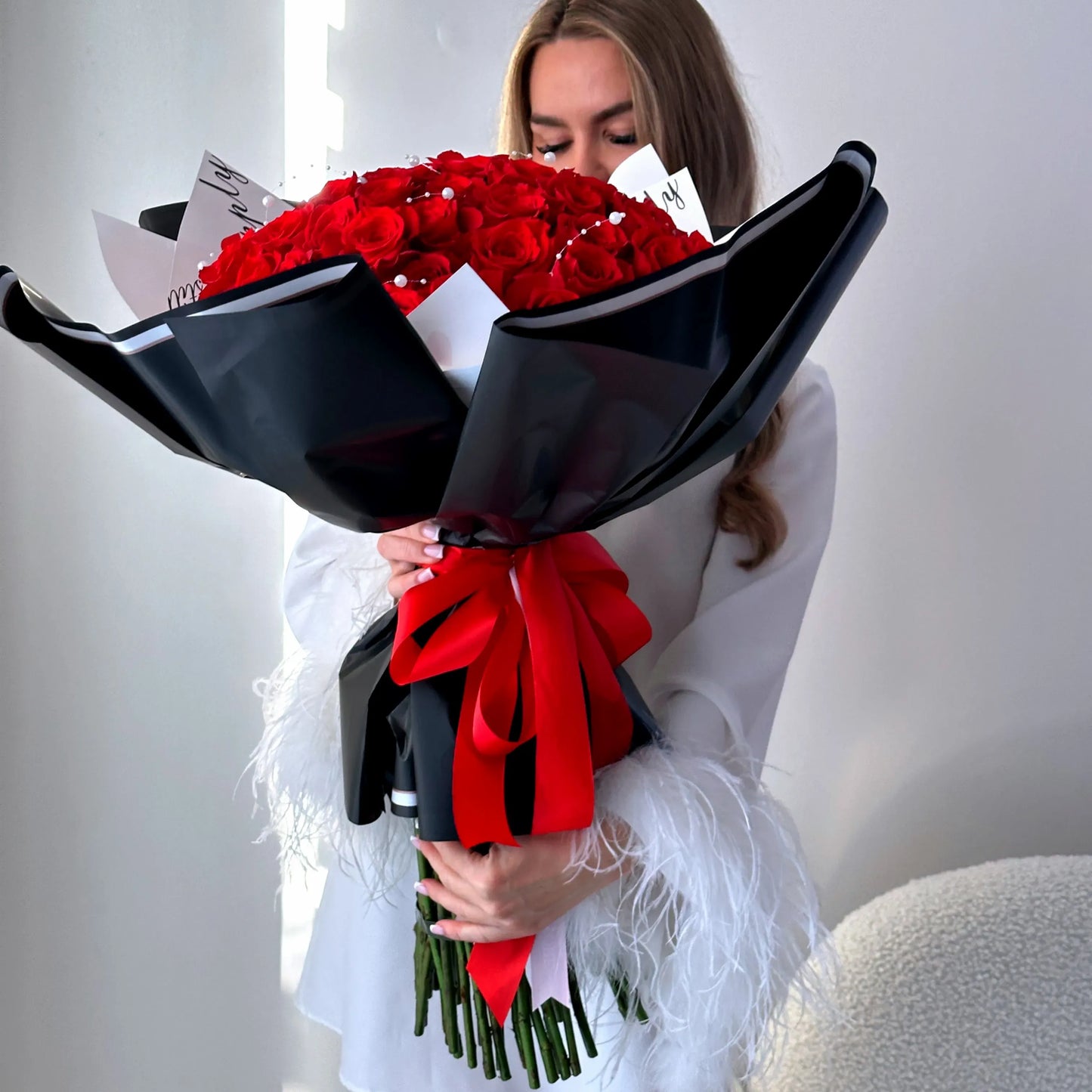 50 Classic Red Rose Flower Bouquet With Pearl Beads - Miami Flower Store Delivery Fort Lauderdale