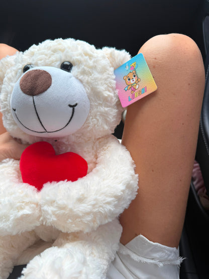 18" White Stuffed Teddy Bear With A Vibrating Red Heart. - Miami Flower Store Same-Day Delivery Fort Lauderdale Brickell Aventura Las Olas Hallendale Beach Hollywood Sunny Isles