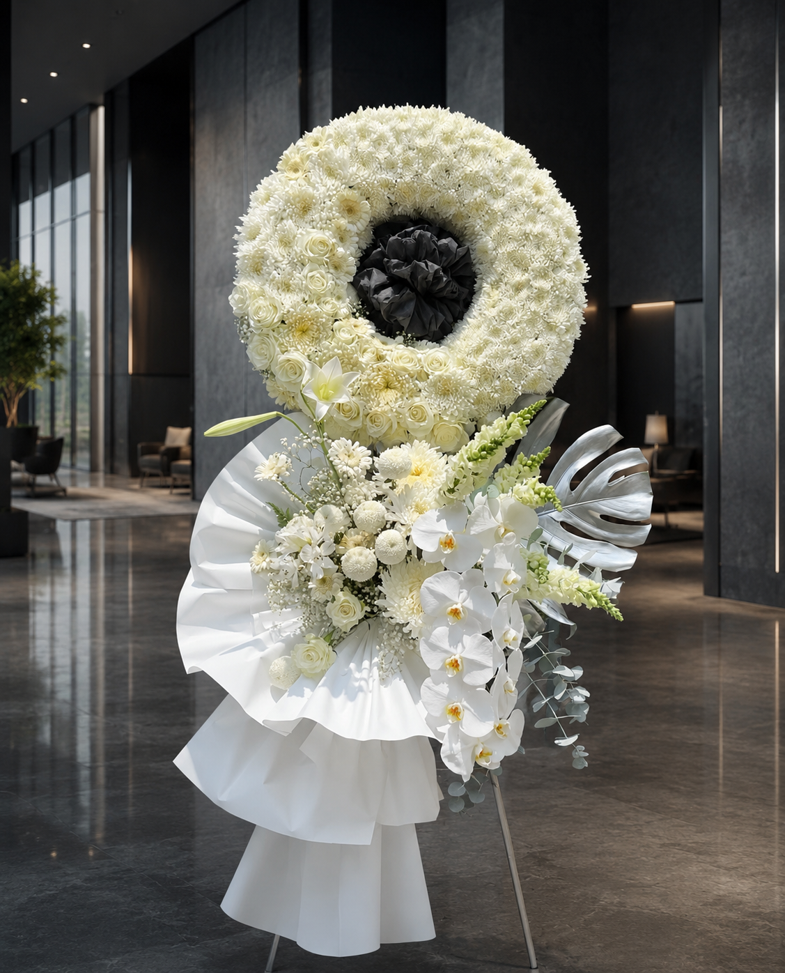 Elegant White Wreath Standing Spray/White & Silver Standing Tribute