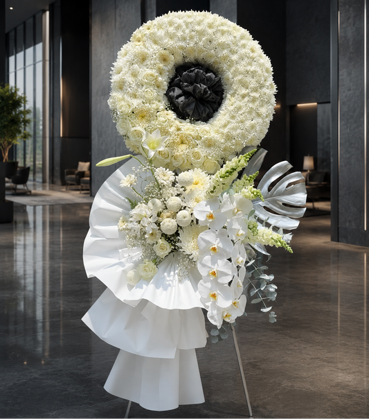 Elegant White Wreath Standing Spray/White & Silver Standing Tribute - Miami Flower Store Same-Day Delivery Fort Lauderdale Brickell Aventura Las Olas Hallendale Beach Hollywood Sunny Isles
