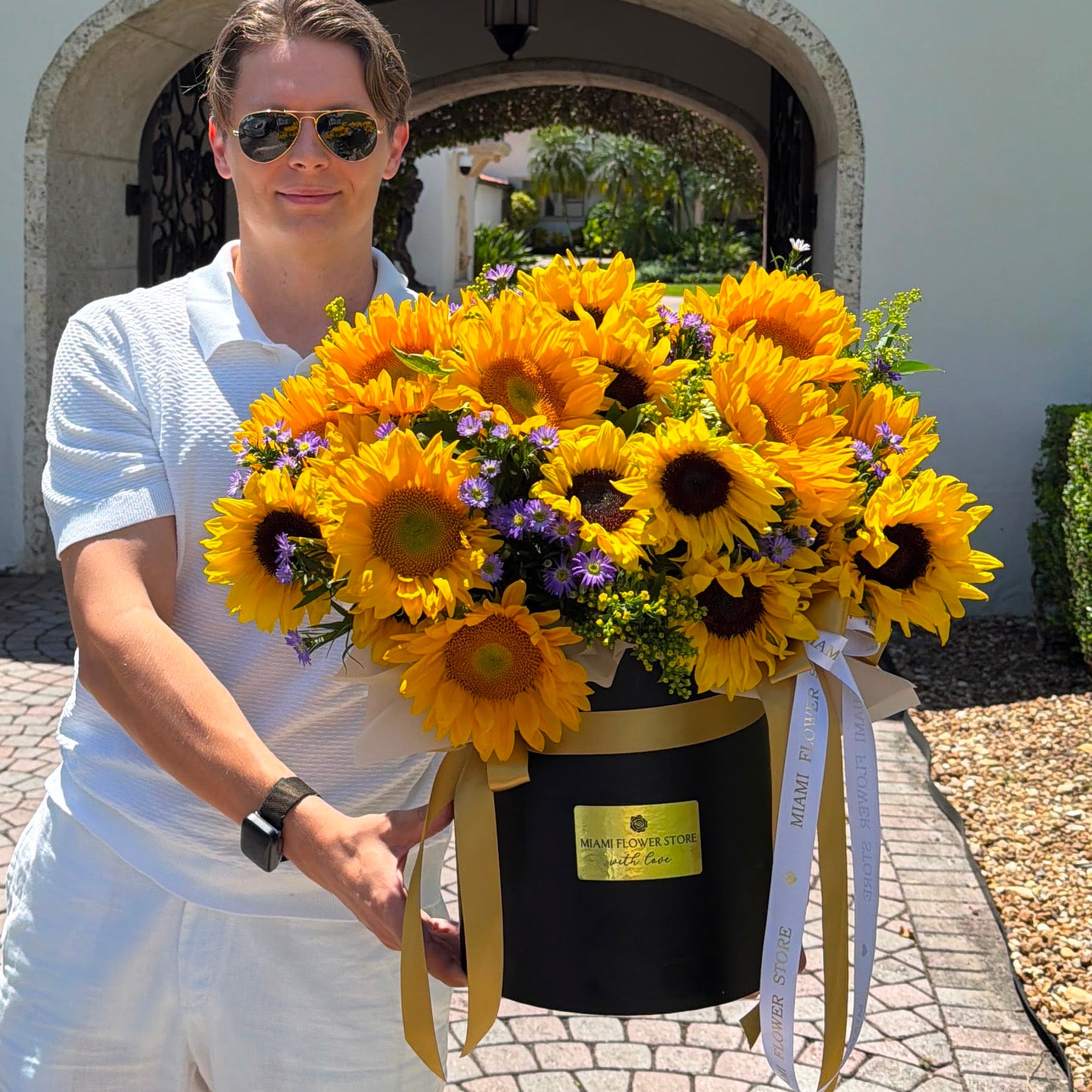Sunflower, Solidago & Limonium Flower Bouquet In A Box - Miami Flower Store Same-Day Delivery Fort Lauderdale Brickell Aventura Las Olas Hallendale Beach Hollywood Sunny Isles