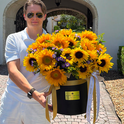 Sunflower, Solidago & Limonium Flower Bouquet In A Box - Miami Flower Store Same-Day Delivery Fort Lauderdale Brickell Aventura Las Olas Hallendale Beach Hollywood Sunny Isles