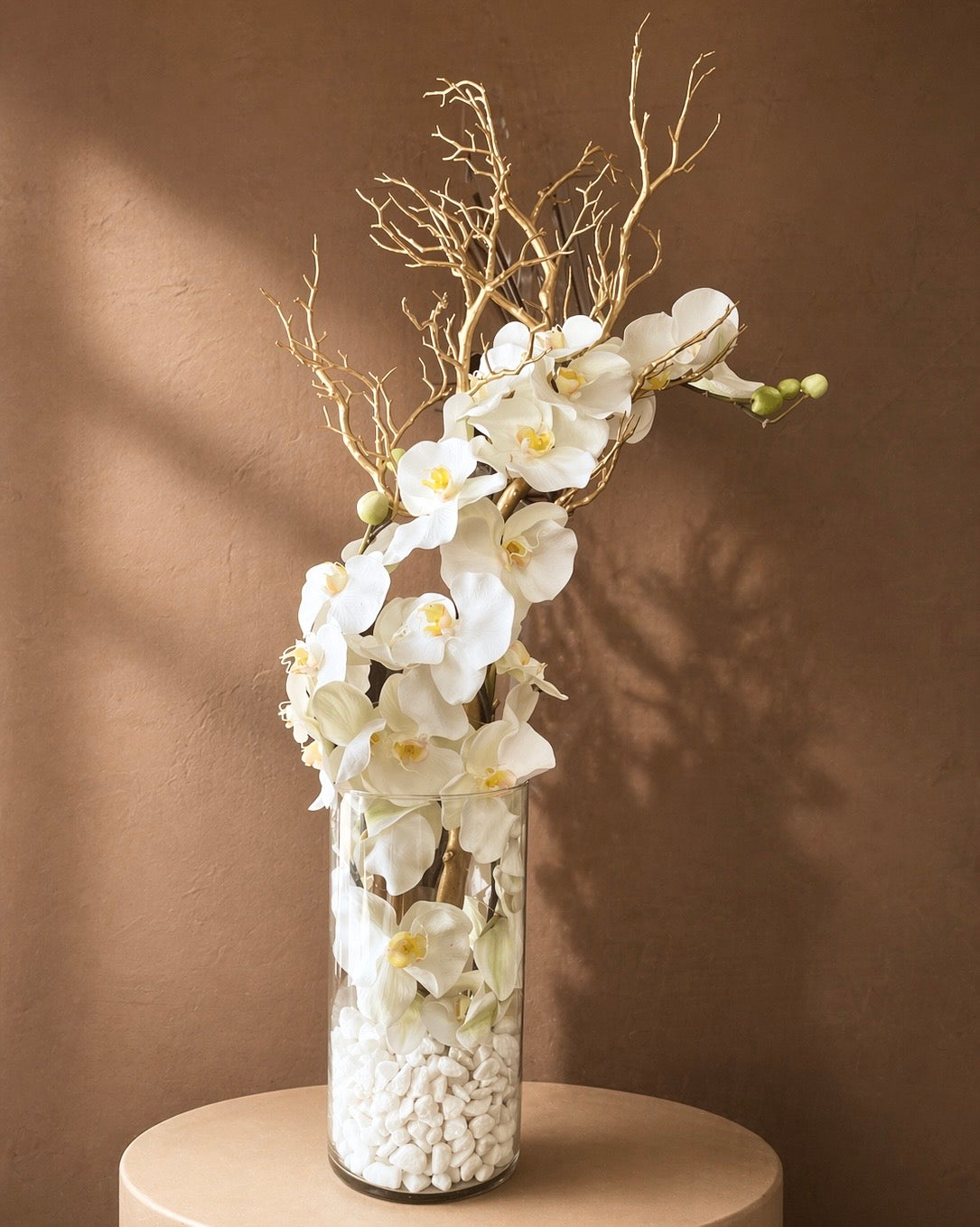 Silk Orchids Flower Arrangement In A Tall Clear Vase/Not Real Orchid/Realistic design - Miami Flower Store Same-Day Delivery Fort Lauderdale Brickell Aventura Las Olas Hallendale Beach Hollywood Sunny Isles