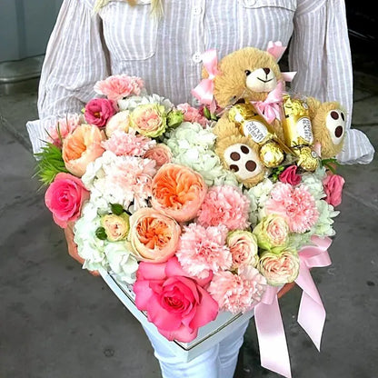 Rose Flower Bouquet In A Heart Shaped Box With Chocolate & Teddy Bear - Miami Flower Store Delivery Fort Lauderdale