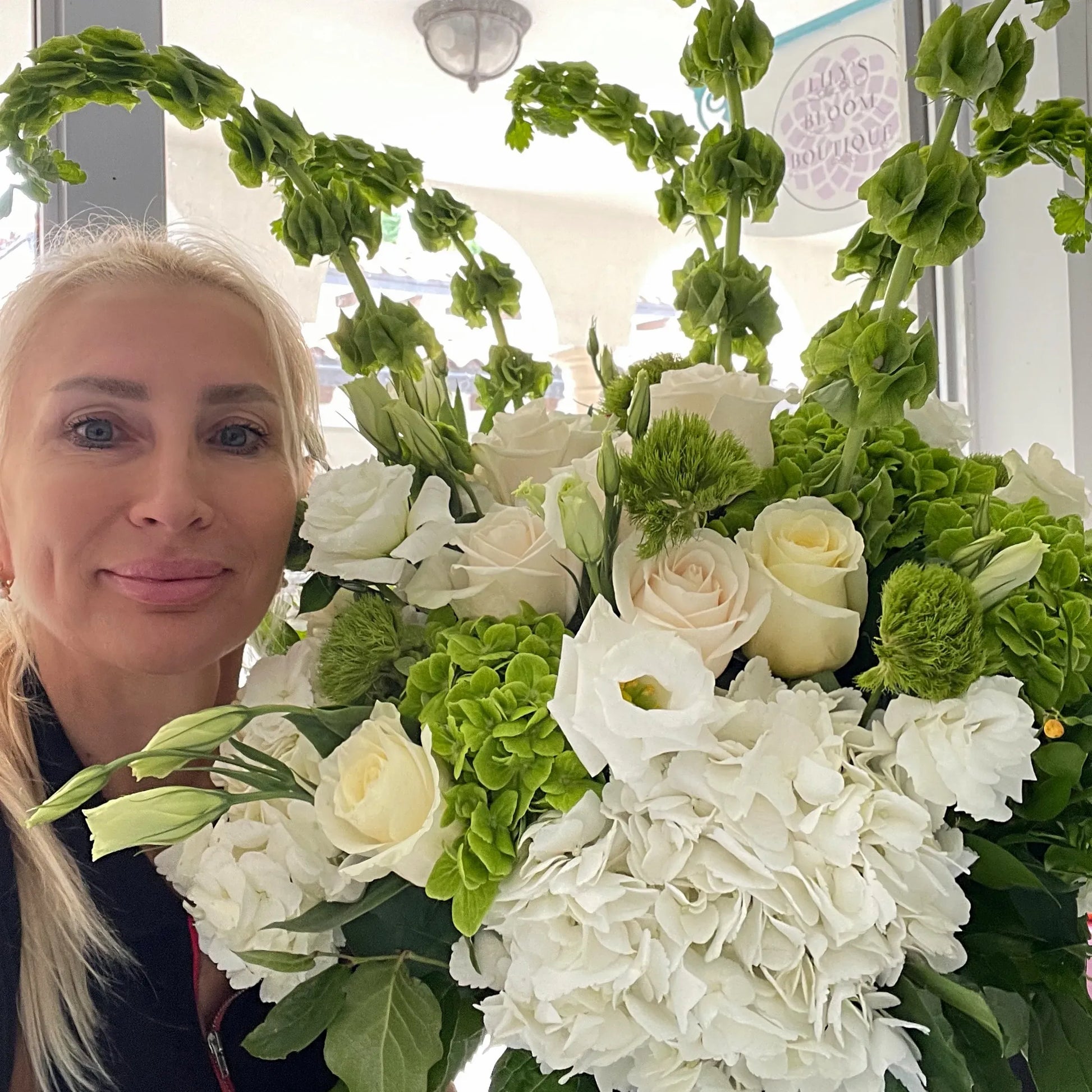 White Rose Flower Bouquet In A Vase With Ranunculus, Lisianthus, Hydrangea & Greens - Miami Flower Store Delivery Fort Lauderdale