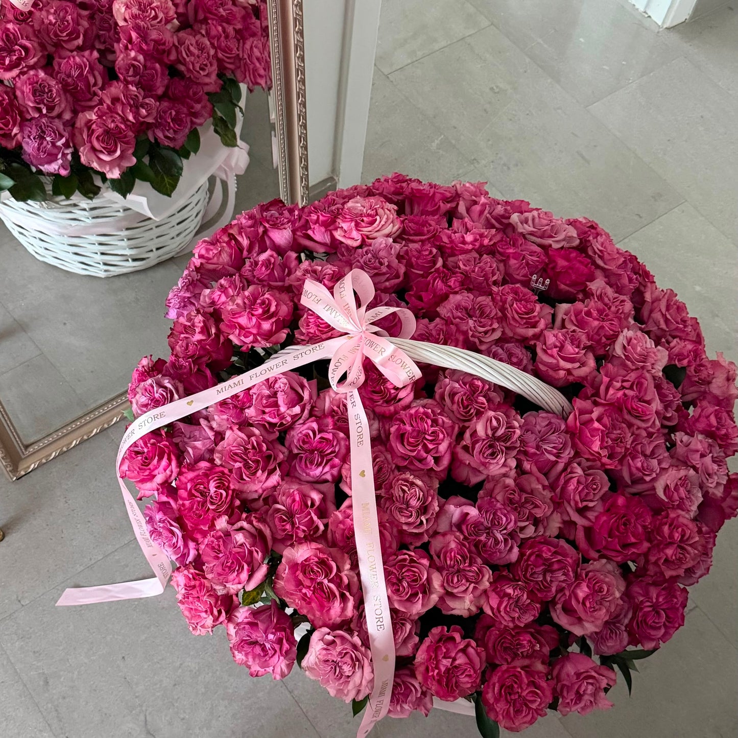 100 Pink Roses Flower Bouquet In Basket| MiamiFlowerStore