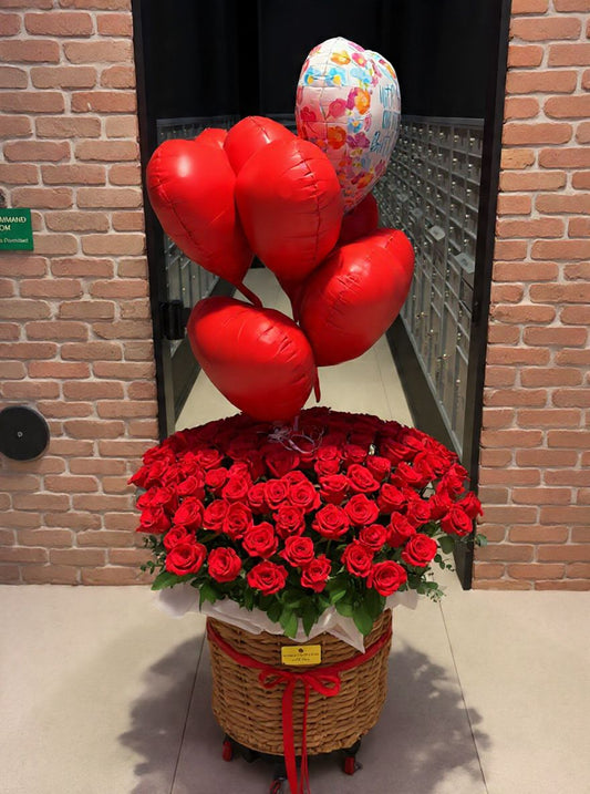 The Best 100 Red Roses Basket In Miami & Red Balloons - Miami Flower Store Same-Day Delivery Fort Lauderdale Brickell Aventura Las Olas Hallendale Beach Hollywood Sunny Isles