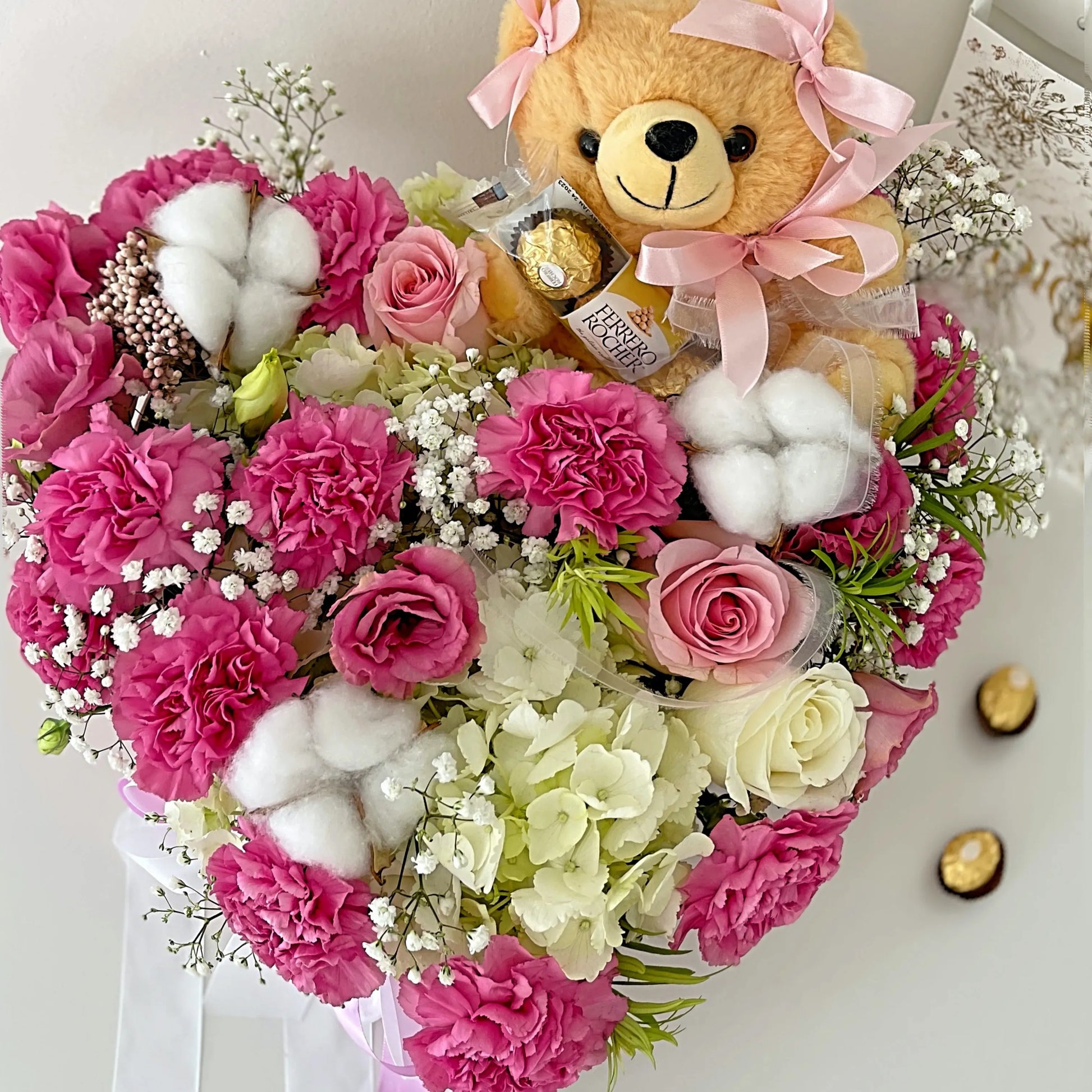 Rose Flower Bouquet in Heart Box with Chocolates & Teddy Bear Rose Flower Bouquet in Heart Box with Chocolates & Teddy Bear