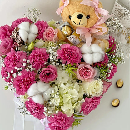 Rose Flower Bouquet in Heart Box with Chocolates & Teddy Bear Rose Flower Bouquet in Heart Box with Chocolates & Teddy Bear