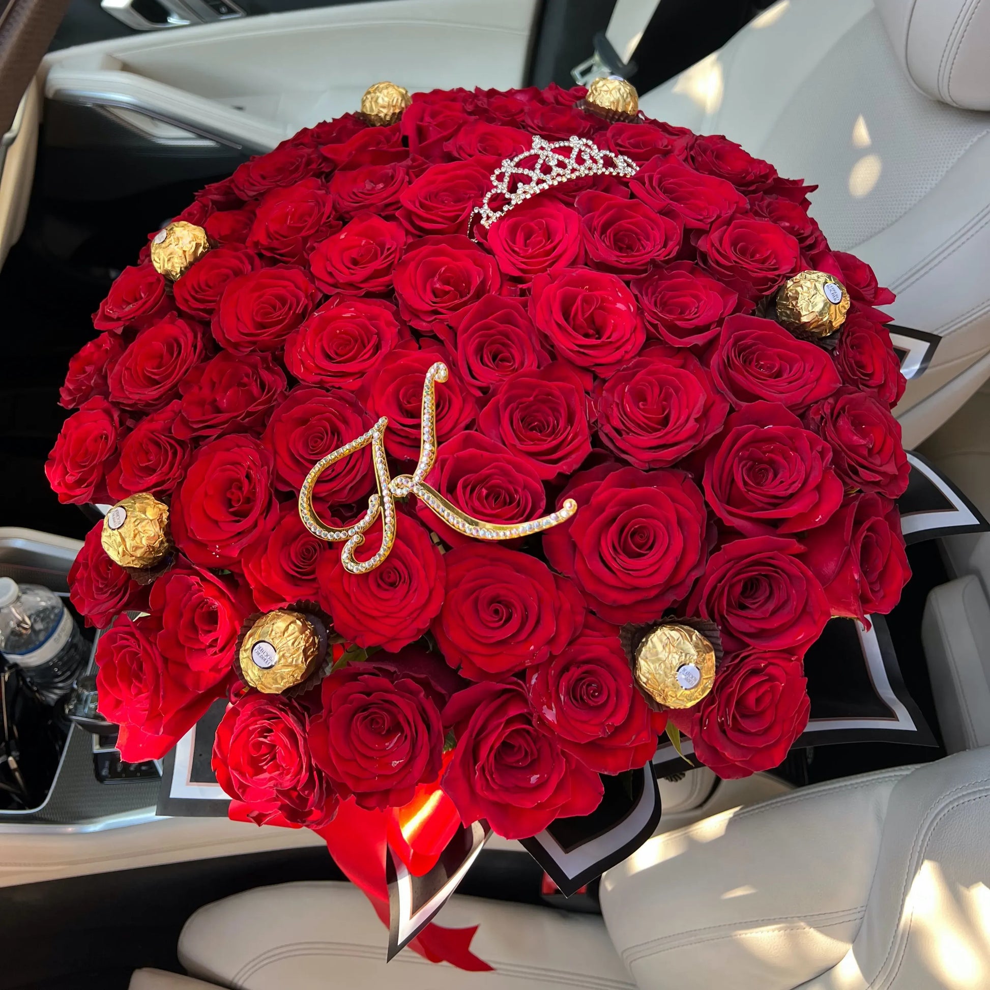 75 Luxury Red Rose Flower Bouquet In A Box w/ Crown & Ferrero Rocher Candies - Miami Flower Store Delivery Fort Lauderdale