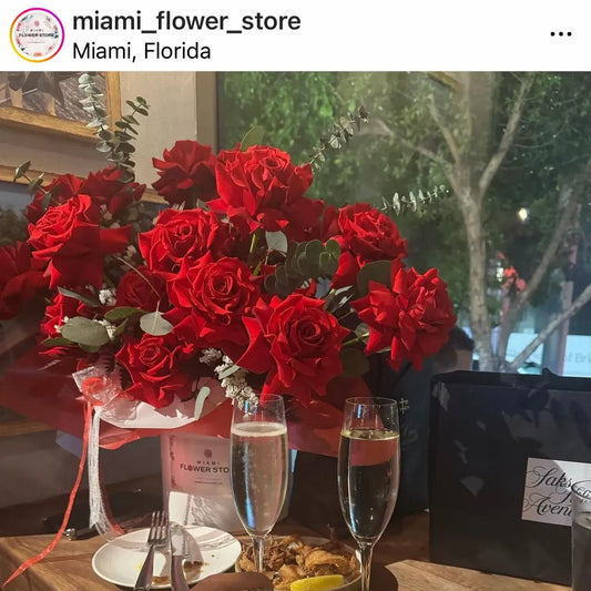 Red Roses & Eucalyptus Flower Bouquet In A White Box - Miami Flower Store Same-Day Delivery Fort Lauderdale Brickell Aventura Las Olas Hallendale Beach Hollywood Sunny Isles