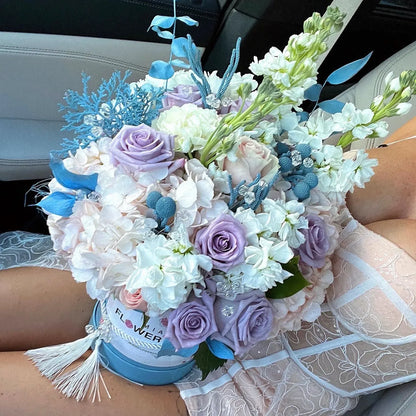 "Ocean & Shells" Rose, Hydrangea, & Stock Luxury Flower Bouquet In A Box - Miami Flower Store Delivery Fort Lauderdale