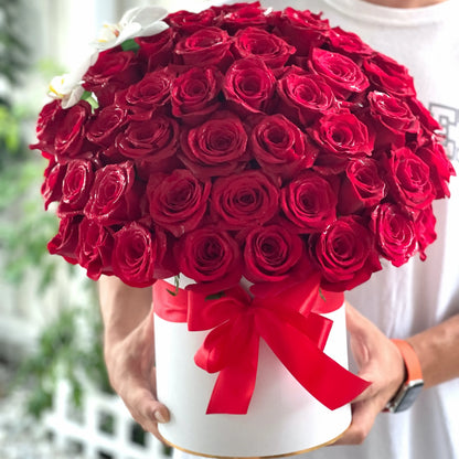 75 Red Rose Flower Bouquet With Orchid In A Box - Miami Flower Store Delivery Fort Lauderdale