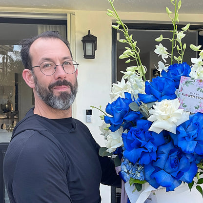 Blue & White Roses With Orchids Flower Bouquet In A Box - Miami Flower Store Delivery Fort Lauderdale