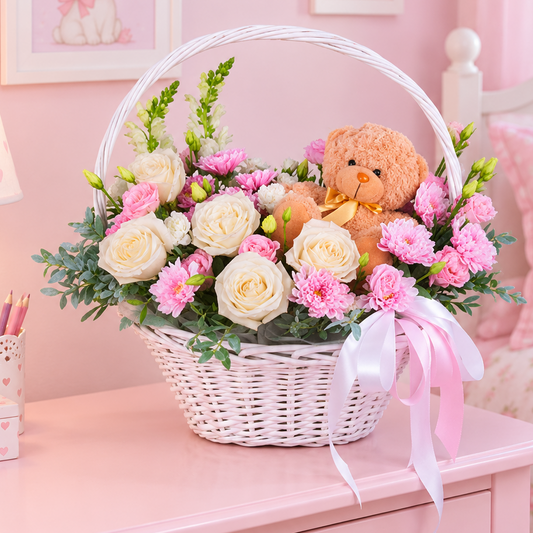 Teddy Bear & Flower Basket With White Roses| Miami Flower Store - Miami Flower Store Same-Day Delivery Fort Lauderdale Brickell Aventura Las Olas Hallendale Beach Hollywood Sunny Isles