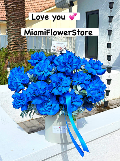 Blue Roses Flower Bouquet In A Box - Miami Flower Store Same-Day Delivery Fort Lauderdale Brickell Aventura Las Olas Hallendale Beach Hollywood Sunny Isles