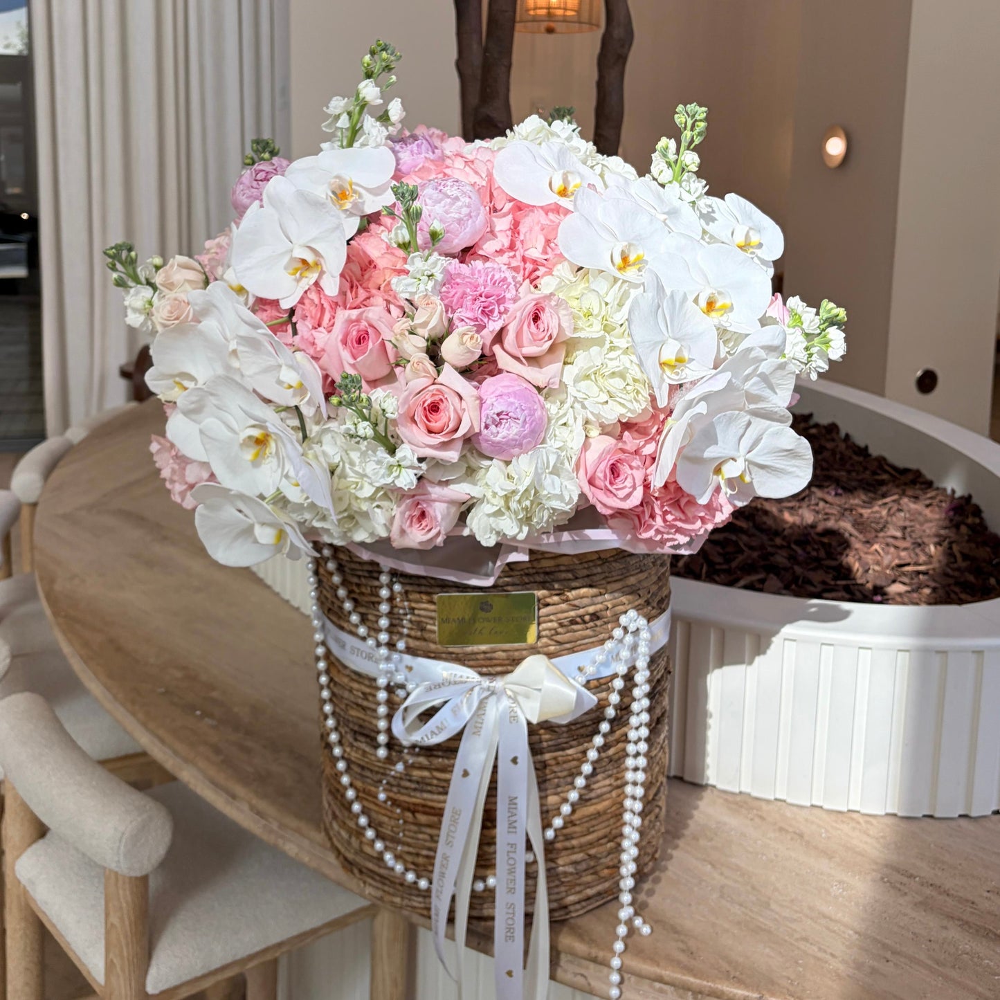 Basket Full Of Hydrangea, Roses, Ranunculus, Orchids - Miami Flower Store Same-Day Delivery Fort Lauderdale Brickell Aventura Las Olas Hallendale Beach Hollywood Sunny Isles