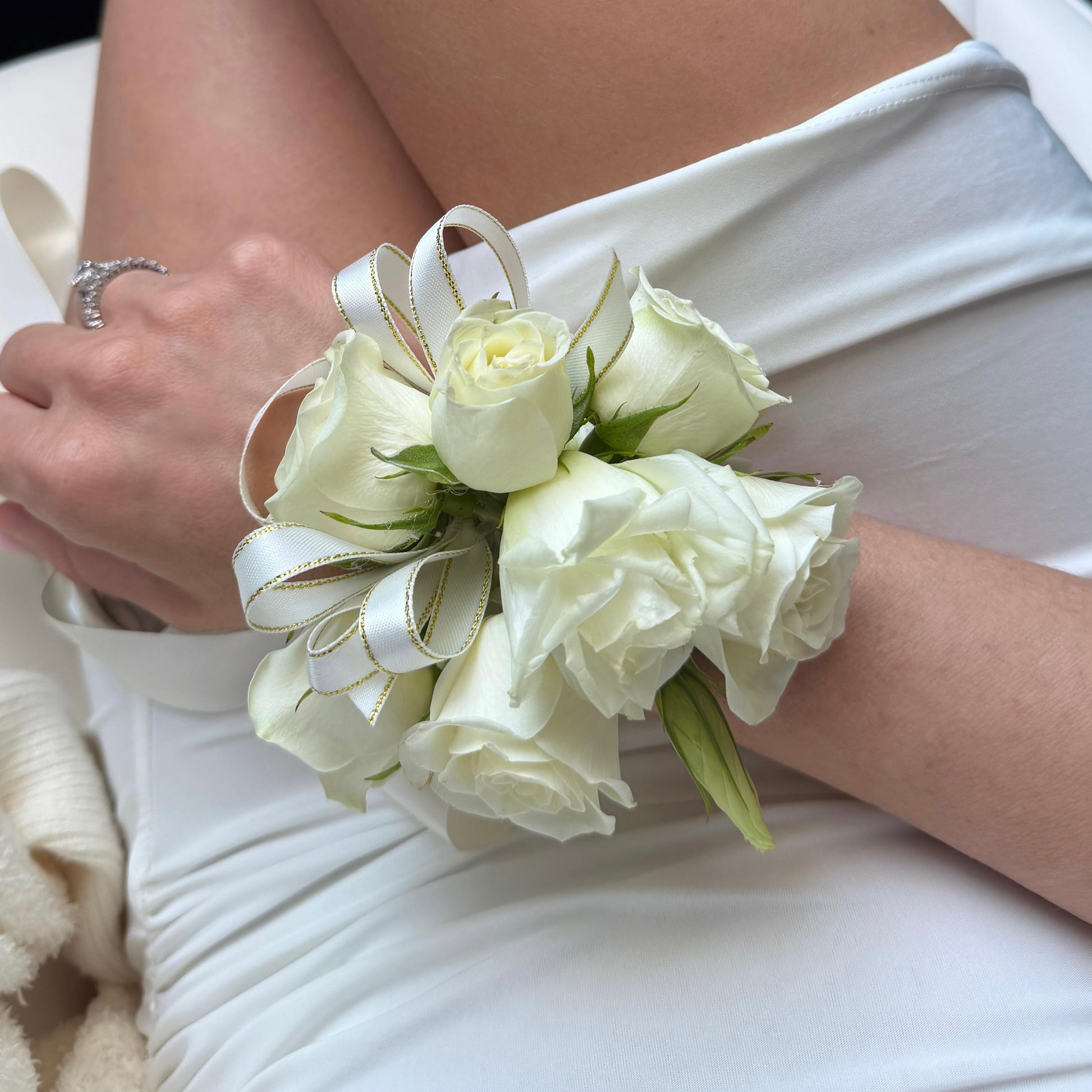 White Wrist Corsage And Boutonnniere /Two Pieces - Miami Flower Store Same-Day Delivery Fort Lauderdale Brickell Aventura Las Olas Hallendale Beach Hollywood Sunny Isles