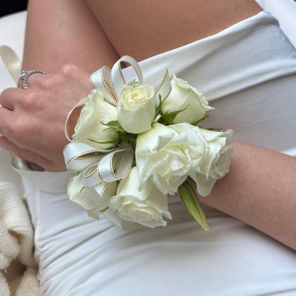 White Wrist Corsage And Boutonnniere /Two Pieces - Miami Flower Store Same-Day Delivery Fort Lauderdale Brickell Aventura Las Olas Hallendale Beach Hollywood Sunny Isles