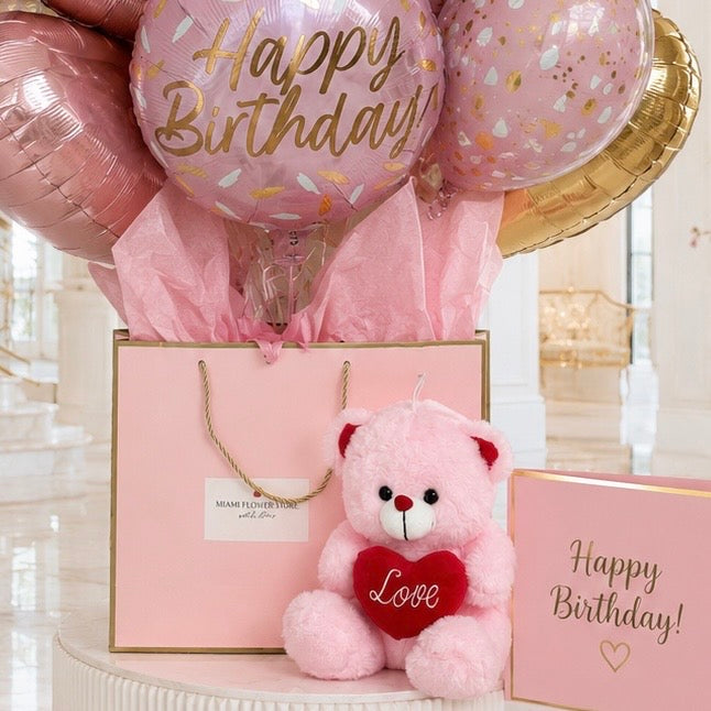 Cute Pink Teddy Bear Wit Heart & Bunch Of Pink Balloons - Miami Flower Store Same-Day Delivery Fort Lauderdale Brickell Aventura Las Olas Hallendale Beach Hollywood Sunny Isles