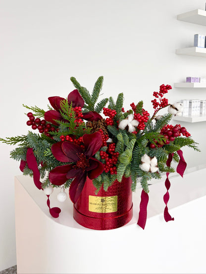 Christmas Flower Arrangement In Red Box - Miami Flower Store Same-Day Delivery Fort Lauderdale Brickell Aventura Las Olas Hallendale Beach Hollywood Sunny Isles