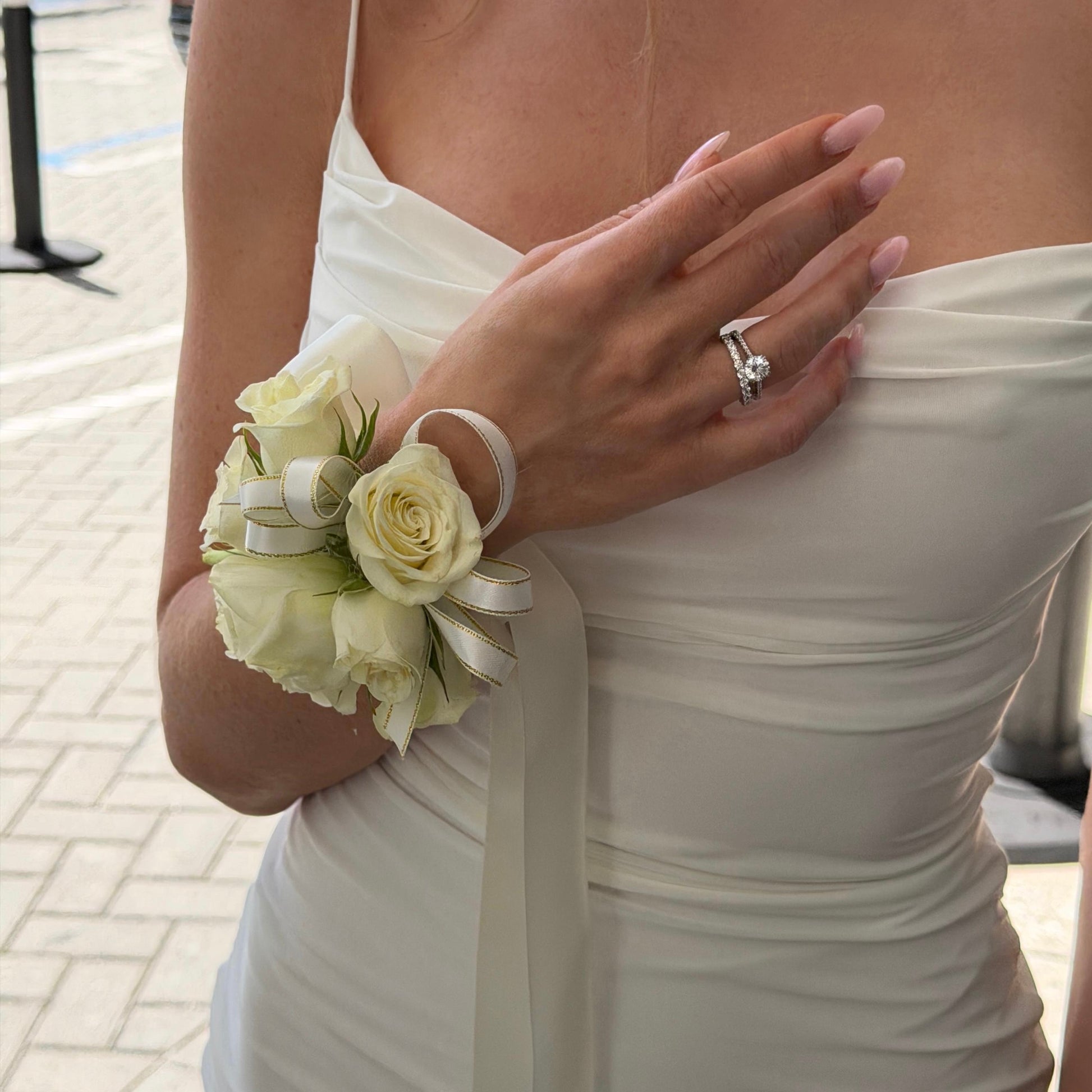 White Wrist Corsage And Boutonnniere /Two Pieces - Miami Flower Store Same-Day Delivery Fort Lauderdale Brickell Aventura Las Olas Hallendale Beach Hollywood Sunny Isles