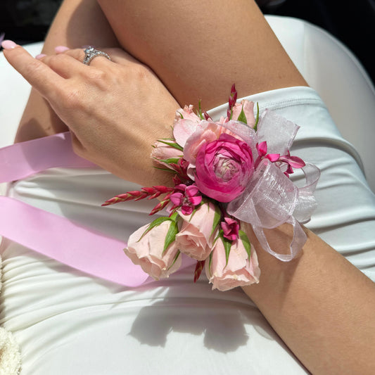Pink Wrist Corsage And Boutonniere / Two Pieces - Miami Flower Store Same-Day Delivery Fort Lauderdale Brickell Aventura Las Olas Hallendale Beach Hollywood Sunny Isles