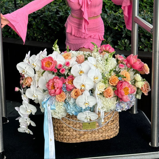 Coral & Blue Flower Basket With Peonies, Orchids, Roses, Spray Roses & Hydrangea - Miami Flower Store Same-Day Delivery Fort Lauderdale Brickell Aventura Las Olas Hallendale Beach Hollywood Sunny Isles