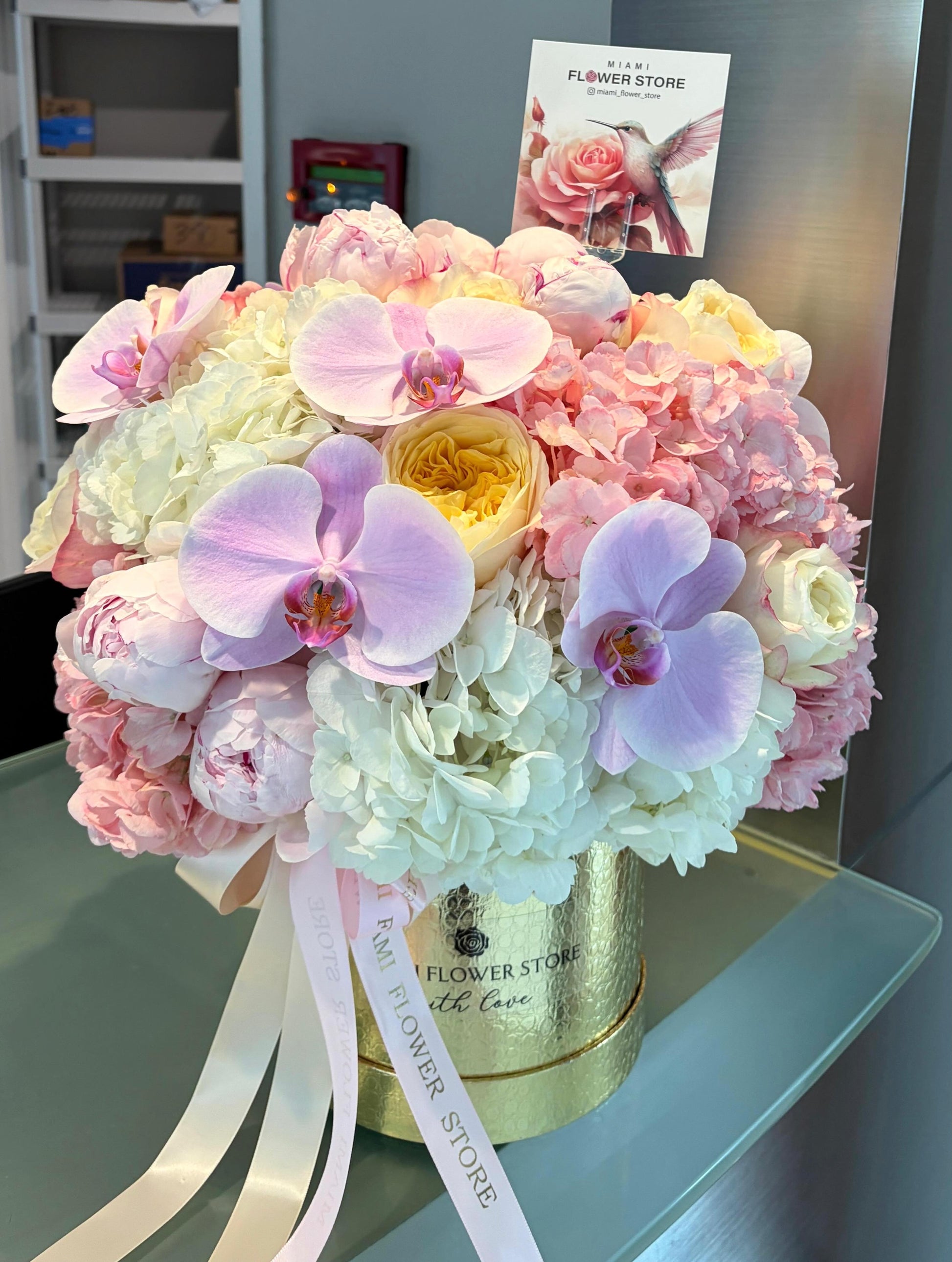Purple Orchids With Hydrangea, Roses, Peonies Flower Bouquet In A Box| Birthday Flowers - Miami Flower Store Same-Day Delivery Fort Lauderdale Brickell Aventura Las Olas Hallendale Beach Hollywood Sunny Isles
