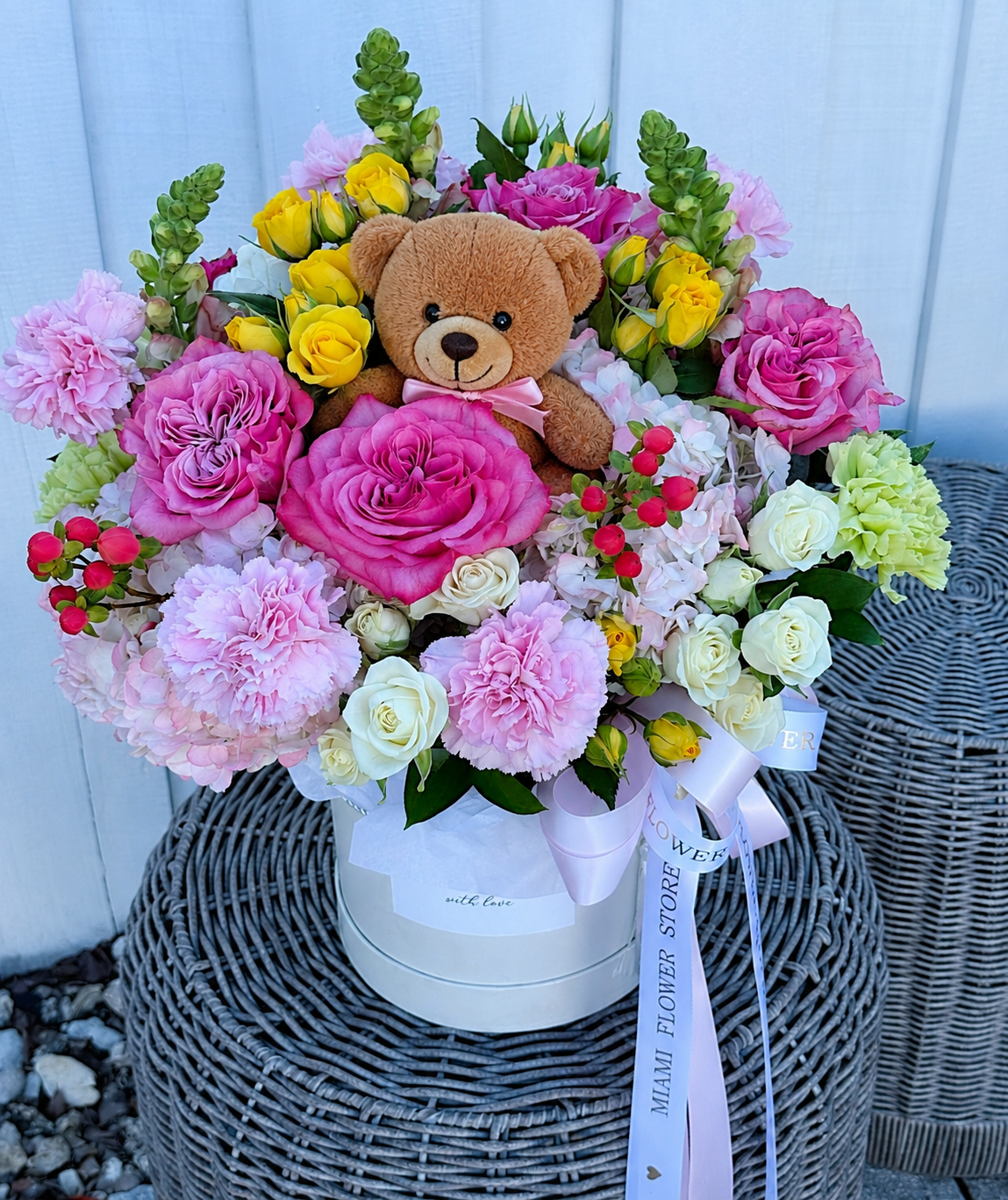 Birthday Flower Bouquet & Staffed Teddy Bear| MiamiFlowerStore - Miami Flower Store Same-Day Delivery Fort Lauderdale Brickell Aventura Las Olas Hallendale Beach Hollywood Sunny Isles
