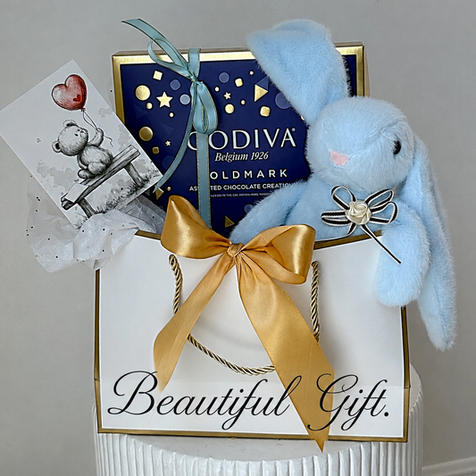 18 Pc. GODIVA Goldmark Assorted Chocolates & 11" Luxury Blue Plush Bunny - Miami Flower Store Same-Day Delivery Fort Lauderdale Brickell Aventura Las Olas Hallendale Beach Hollywood Sunny Isles