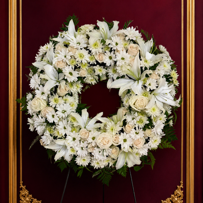 Open Funeral Wreath With White Fresh Lilies, Roses, Daises And Ribbon - Miami Flower Store Same-Day Delivery Fort Lauderdale Brickell Aventura Las Olas Hallendale Beach Hollywood Sunny Isles