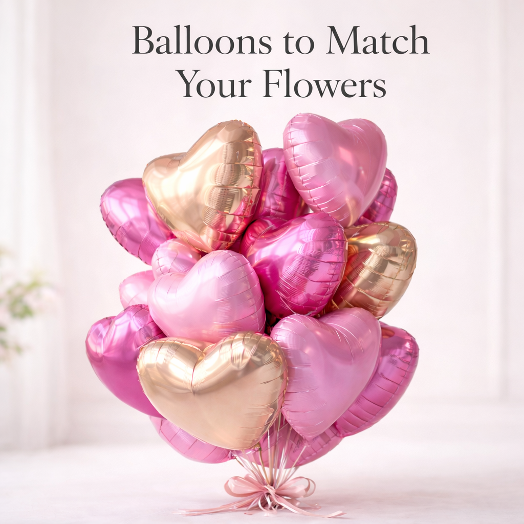 Metallic Foil Heart Shaped Balloons To Color Match Flowers - Miami Flower Store Same-Day Delivery Fort Lauderdale Brickell Aventura Las Olas Hallendale Beach Hollywood Sunny Isles