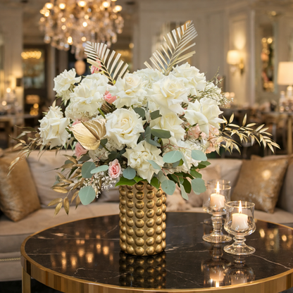 Mix Of Roses, Spray Roses, Hydrangea & Golden Leaves Flower Bouquet In A Vase - Miami Flower Store Same-Day Delivery Fort Lauderdale Brickell Aventura Las Olas Hallendale Beach Hollywood Sunny Isles